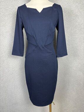 Vfshow Women's Blue Pencil Dress With 3/4 Sleeves & Notched Neck Small NWT's